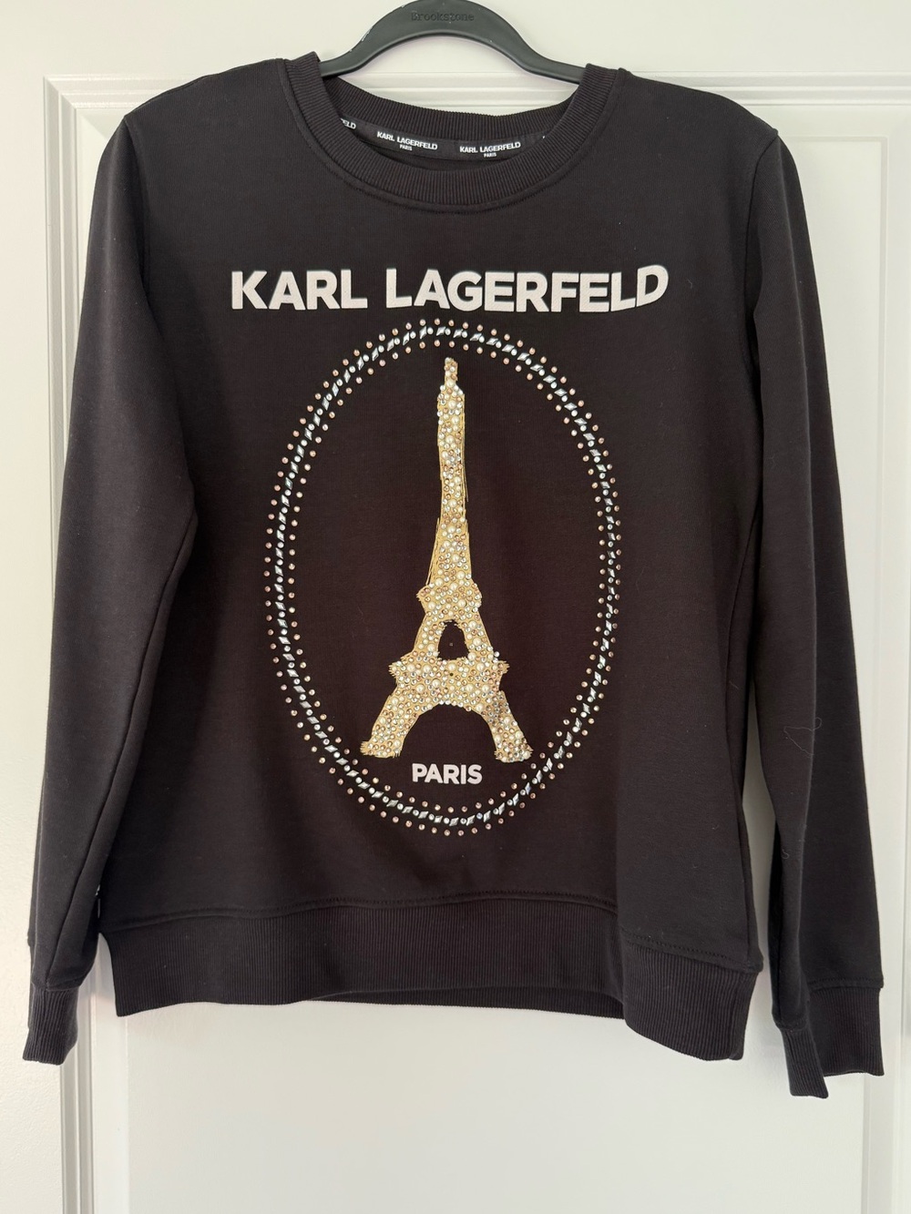 Karl Lagerfeld Black Crewneck Sweater with Gold Eiffel Tower Motif